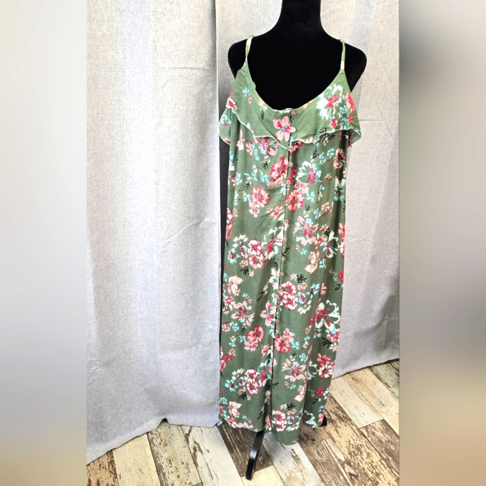S.R. Fashions Green Floral Print Button Down Plus Size Maxi Dress Size XXL